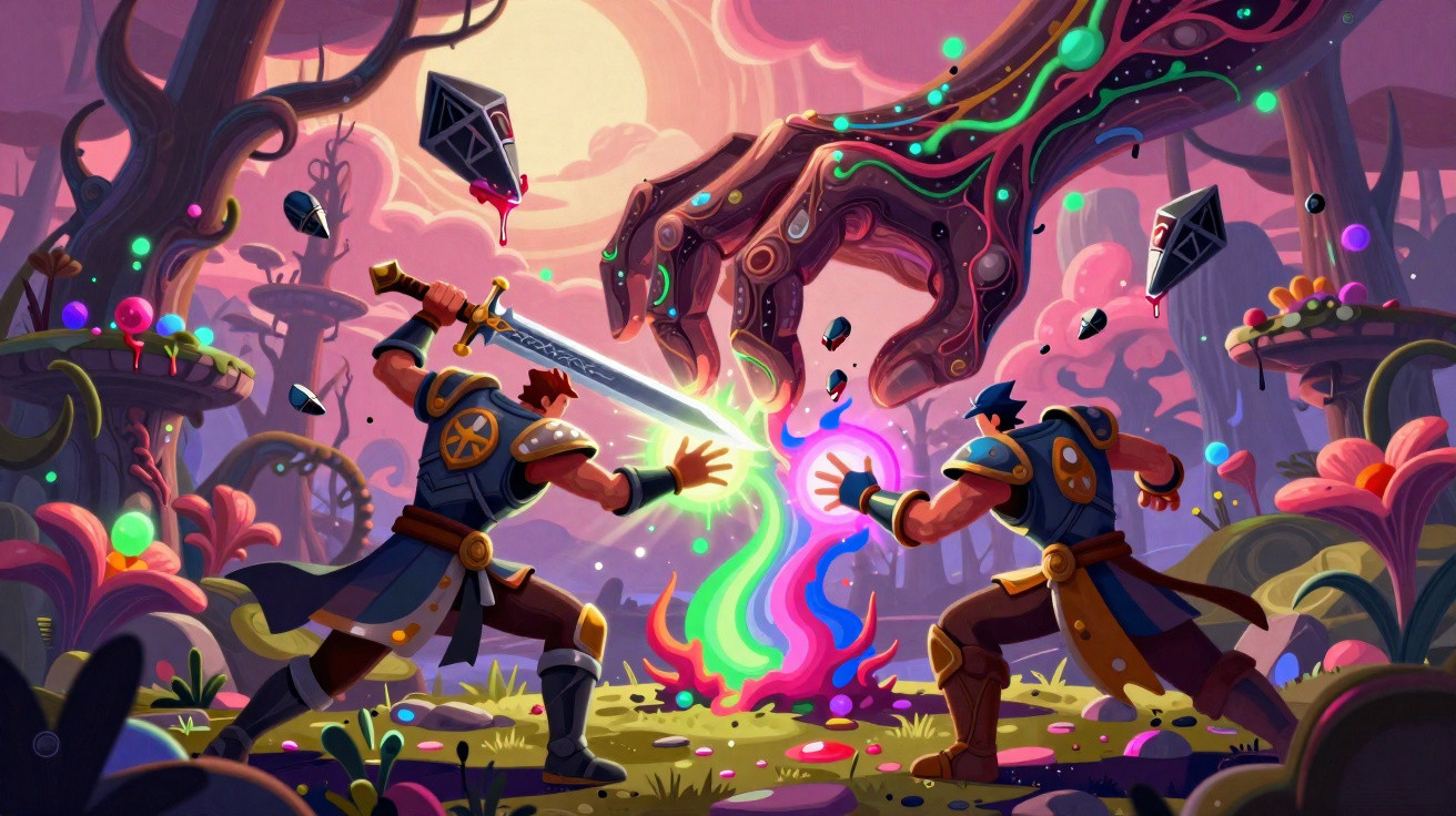 Two armored warriors using magic and sword against a large glowing hand in a vibrant fantasy forest.
