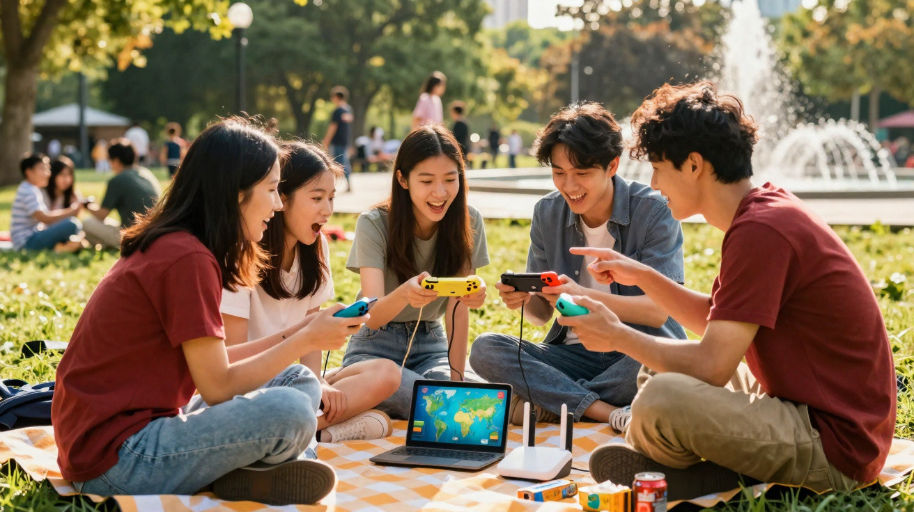 Group of five young adults playing a video game outdoors on a picnic blanket in a park with a fountain in the background.