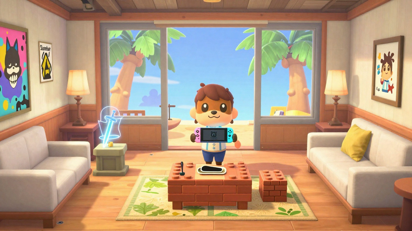 Cute character holding a Nintendo Switch in a bright, cosy room with palm trees visible through large windows.