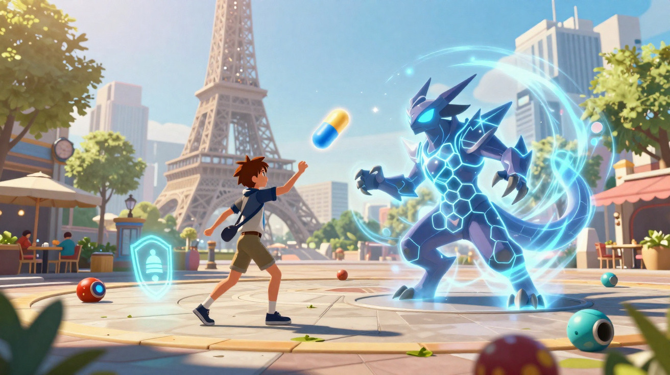 A boy throws a glowing capsule at a futuristic dragon-like creature in front of the Eiffel Tower.