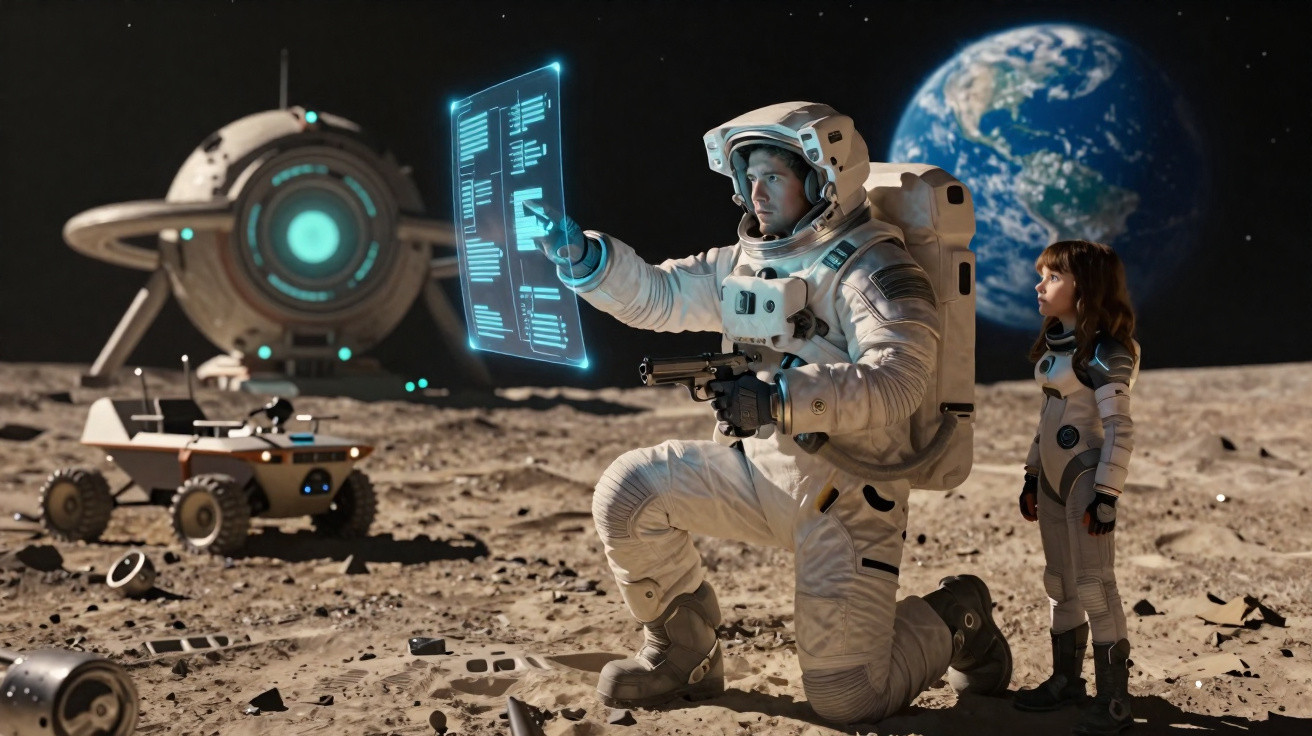Astronaut kneeling on the moon interacting with a holographic display while a child in a spacesuit watches, Earth visible.