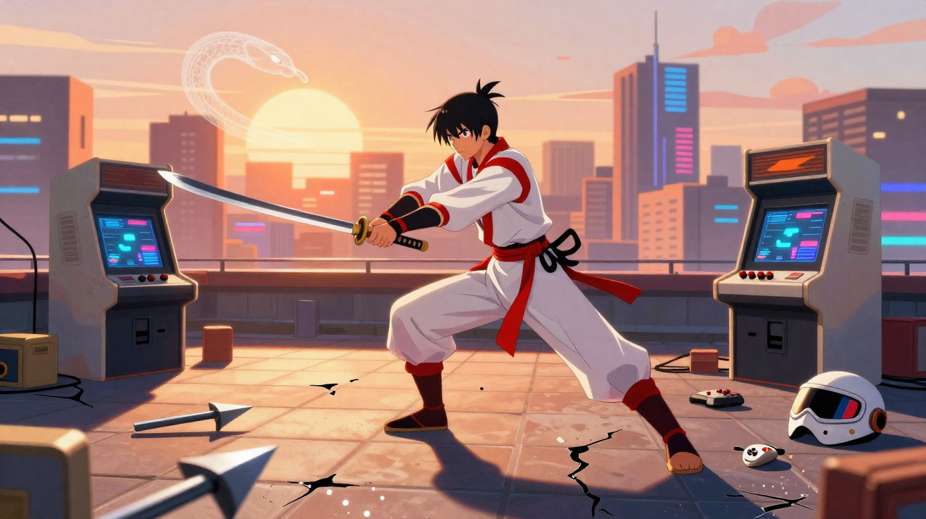 Anime-style warrior with a sword in a rooftop cityscape at sunset, surrounded by arcade machines and a helmet.