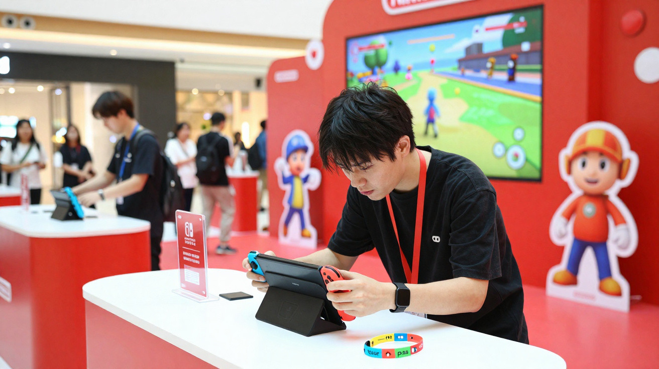 Person playing a Nintendo Switch console at a gaming event with colourful cartoon character cutouts.