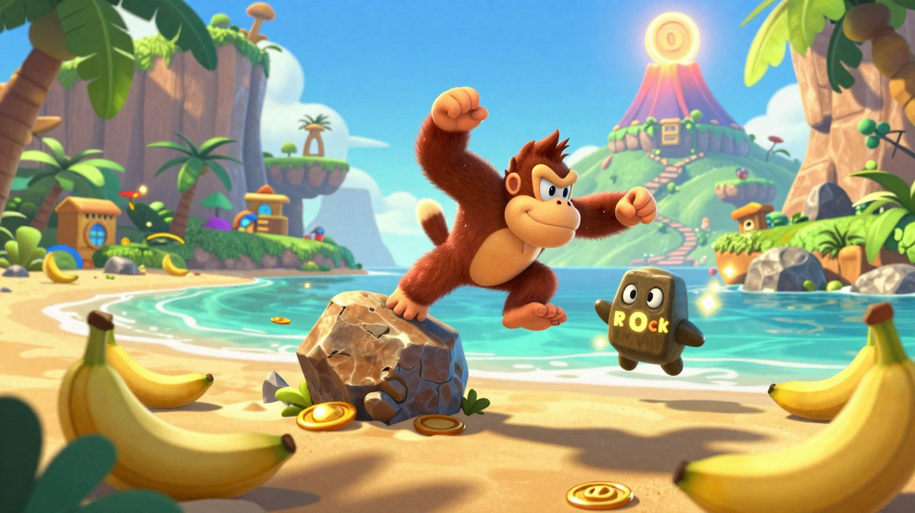 Animated monkey character jumping on a beach with bananas, coins, and a volcano in the background.