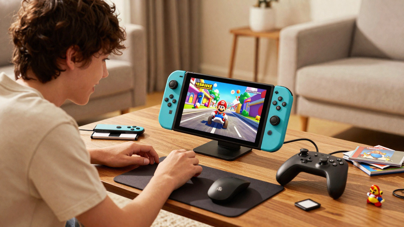 Teenage boy playing Mario Kart on a Nintendo Switch with controllers and games on a wooden table.