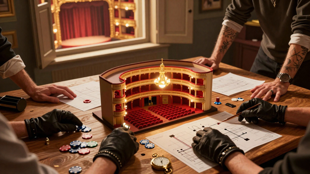 People with gloves play a strategy board game featuring a miniature theatre model on a wooden table.