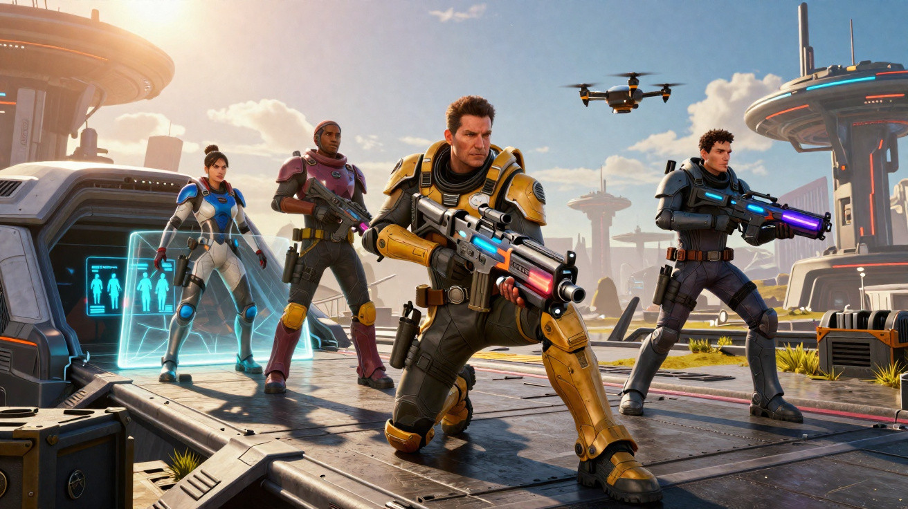 Four futuristic soldiers in advanced armour armed with glowing rifles stand ready on a sci-fi platform with drones overhead.
