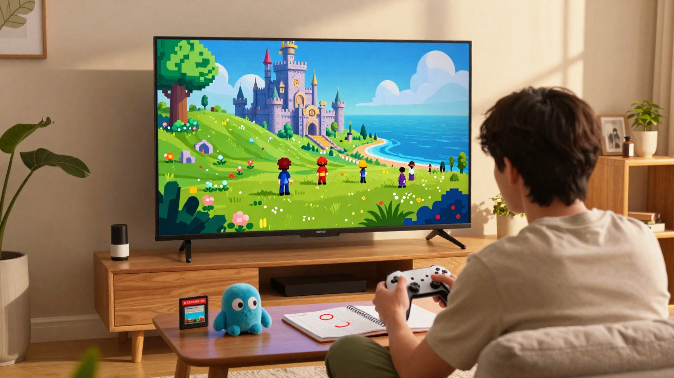 Person playing a colourful fantasy video game on a TV in a cozy living room with gaming accessories nearby.