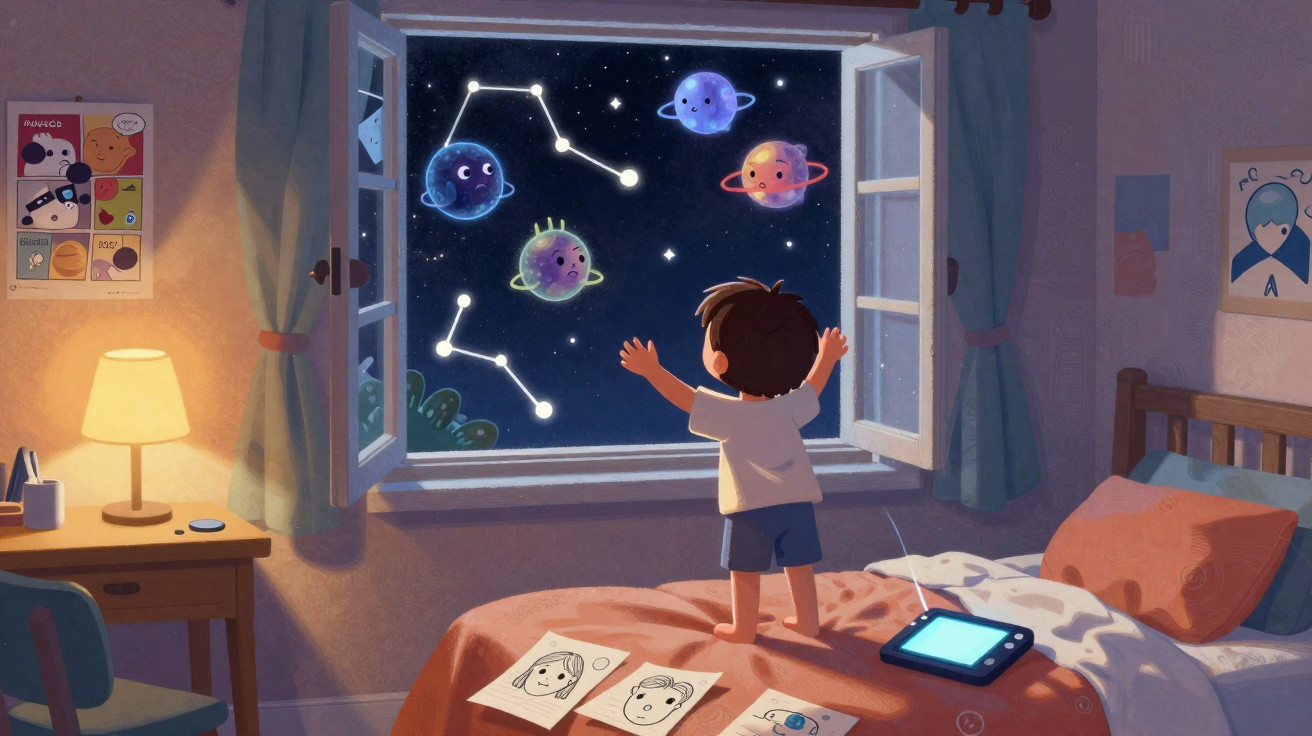 Child stands on bed, reaching out to friendly planets and constellations visible through open window at night.