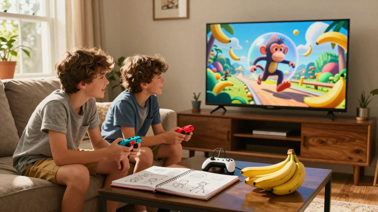 Two boys playing a video game with banana-themed graphics on TV in a cosy living room.