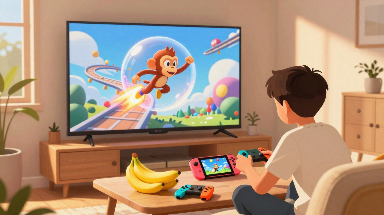 Boy playing a colourful videogame with a monkey character on TV and a console on the table with bananas nearby.