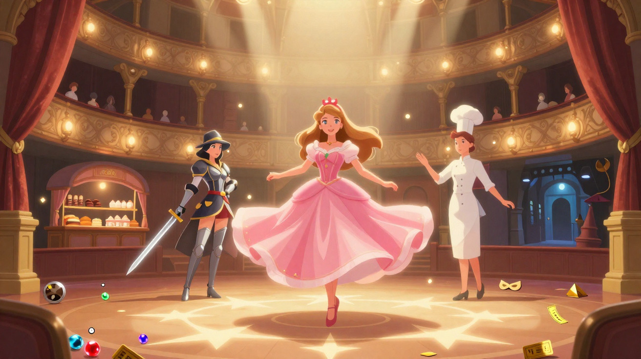An animated princess in a pink dress levitates centre stage flanked by a knight and a chef in an ornate theatre.