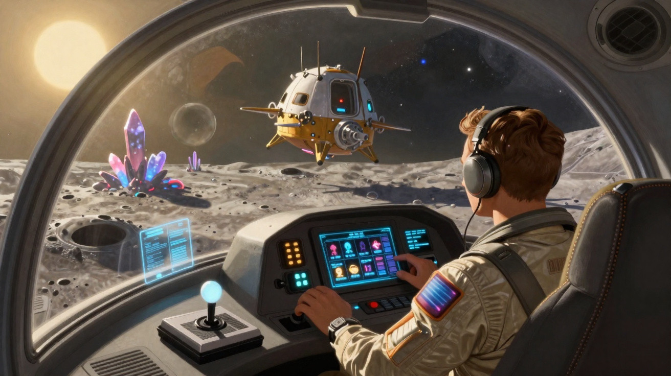 Astronaut operating spacecraft controls on a moon-like surface with crystals and a small drone outside the window.