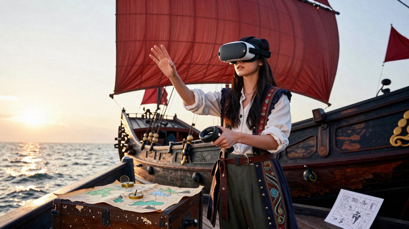 Woman in pirate costume using virtual reality headset on a boat with a treasure map at sunset.