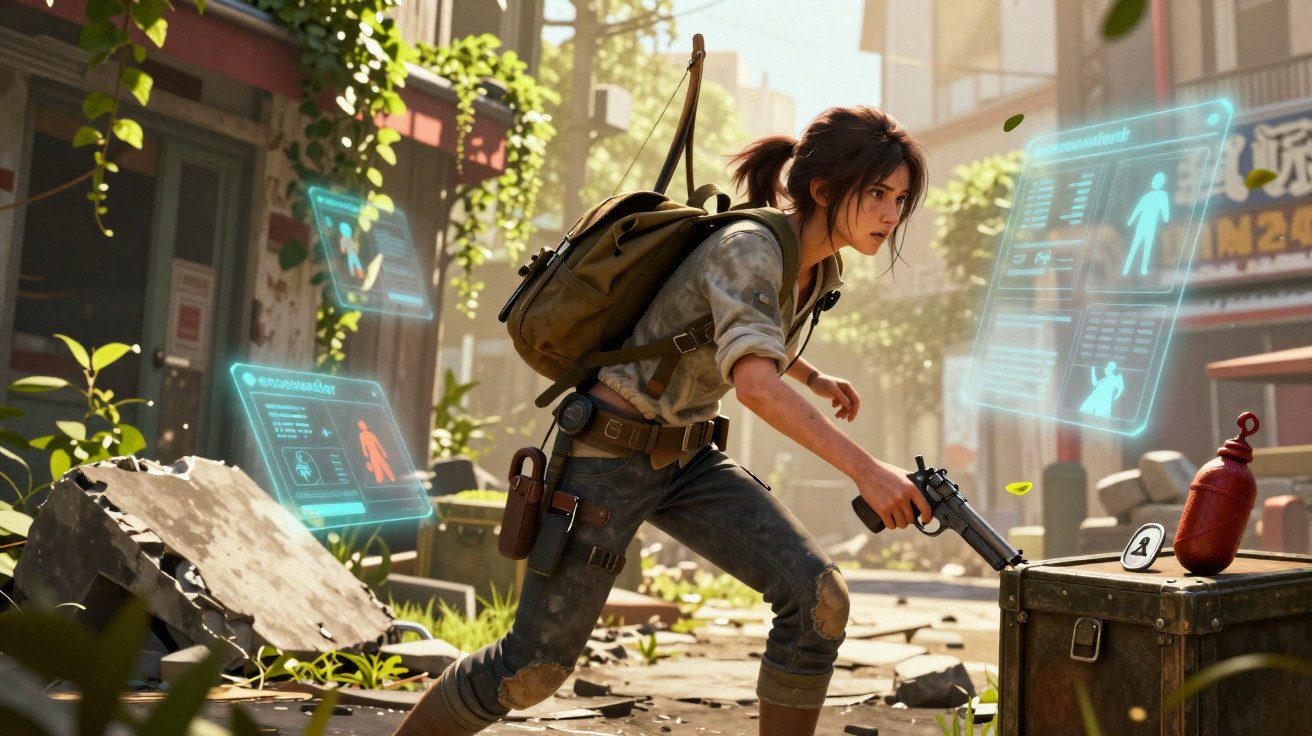 Young woman with backpack and pistol crouching in a ruined urban environment with holographic interface displays.