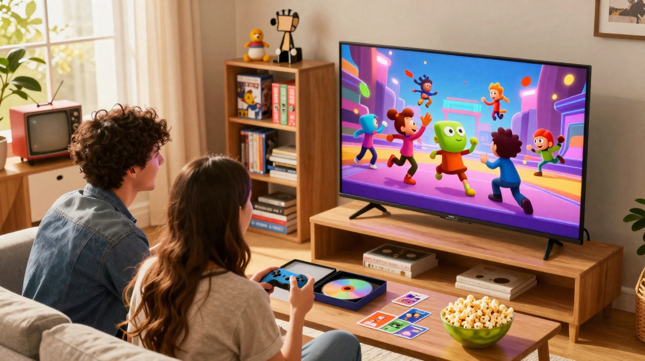 Two people playing a colourful multiplayer video game on a TV in a cosy living room with popcorn.