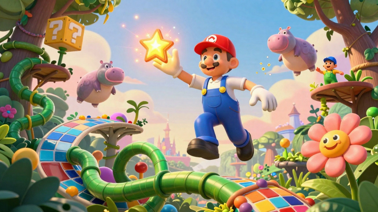 Mario in blue overalls jumping to grab a glowing star in a vibrant, colourful fantasy landscape with floating hippos.