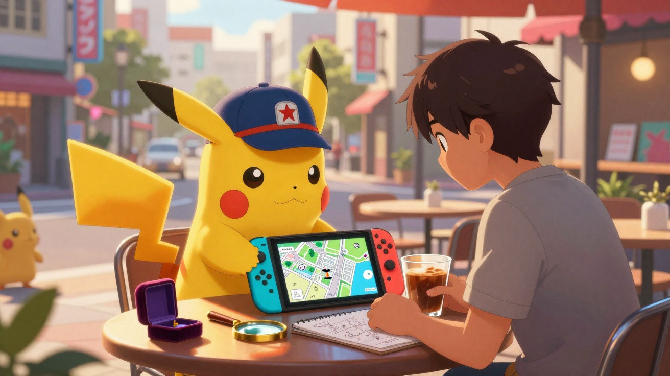 Pikachu wearing a cap shows a map on a handheld console to a boy sitting at a café table with a drink.