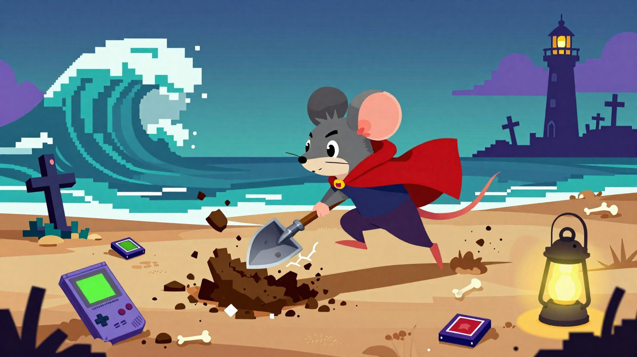 Cartoon mouse in a red cape digging with a shovel on a beach with a wave, lighthouse, and scattered gaming consoles.