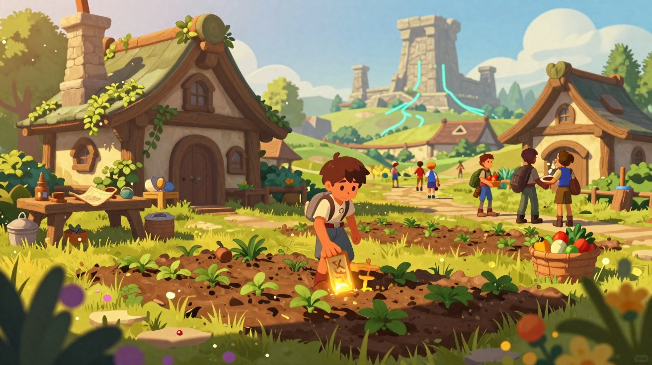 Animated village scene with children farming, houses with greenery, and stone castle ruins in the background.