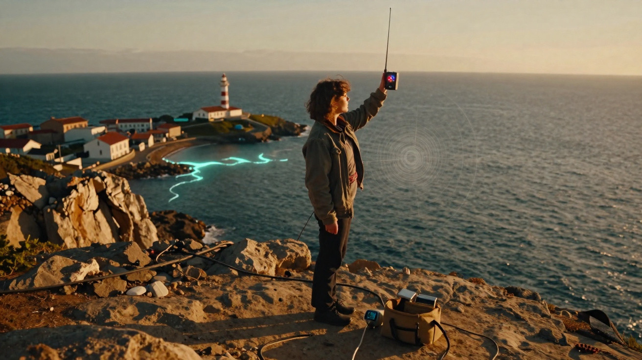 Person holding a radio antenna on a rocky cliff overlooking a lighthouse and the sea at sunset.