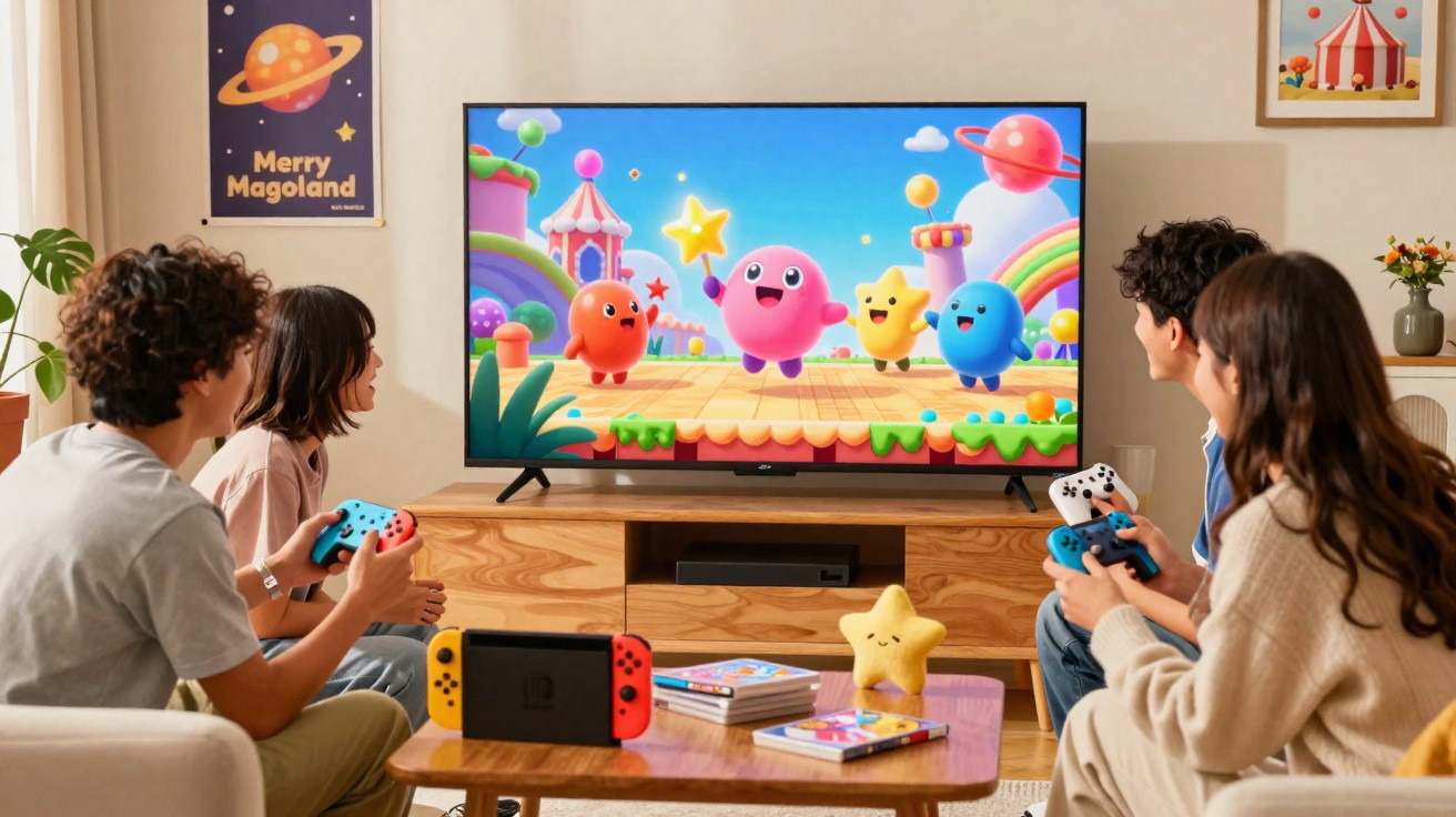 Four people playing a colourful multiplayer video game on a Nintendo Switch in a cosy living room.