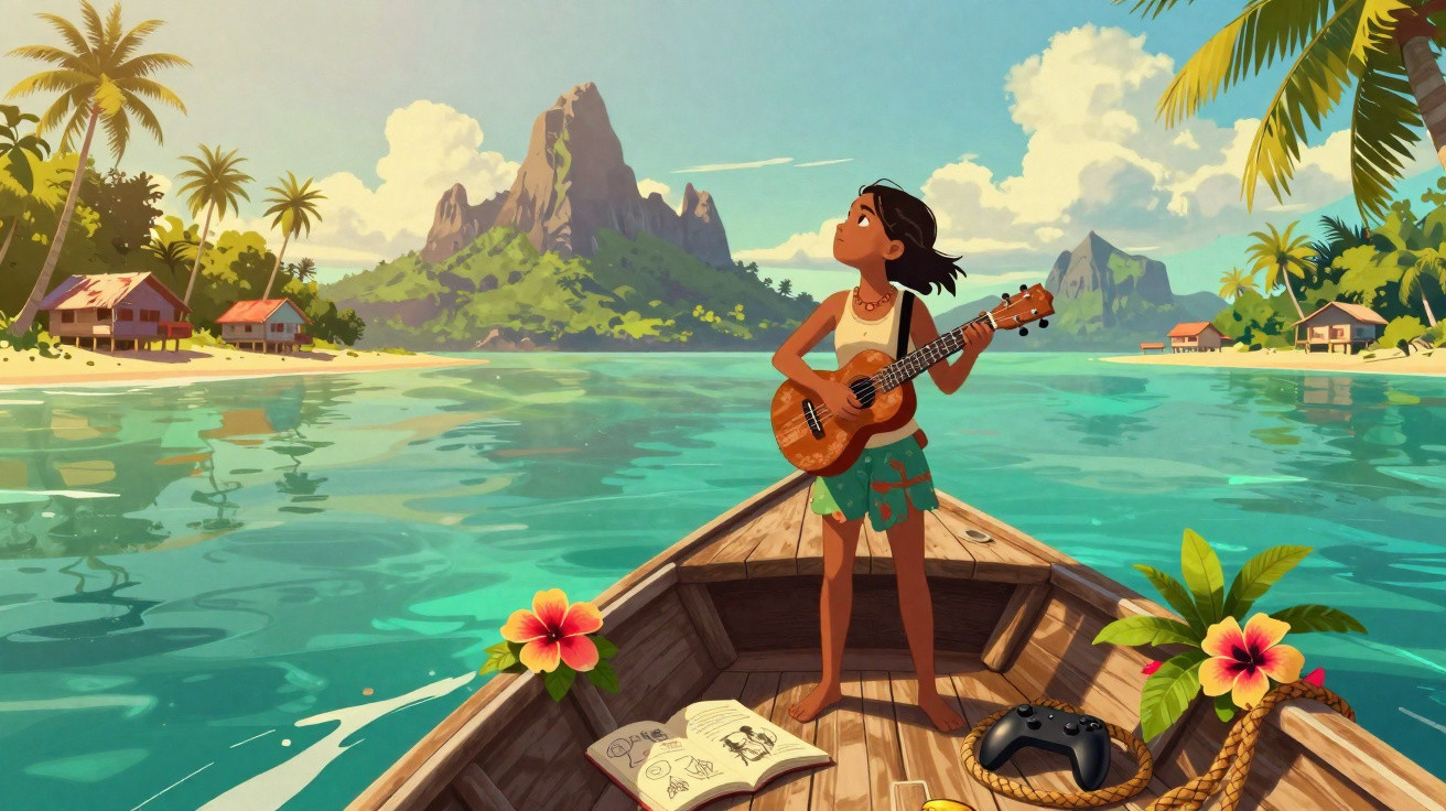 Young person playing a ukulele on a boat in turquoise waters near tropical islands with mountains and palm trees.