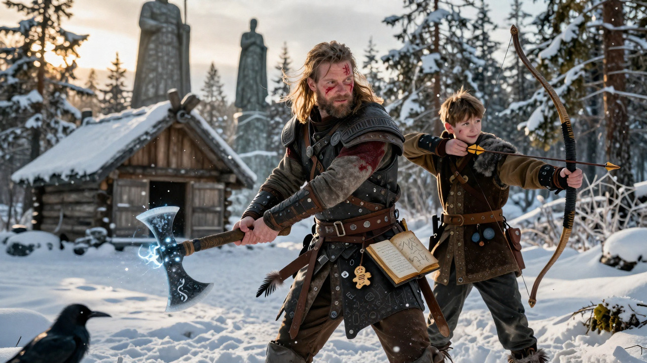 Man wielding a glowing axe and boy aiming a bow and arrow in snowy Viking village scene.