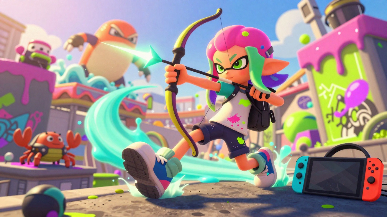 Colourful animated character with pink and green hair firing a bow in a vibrant game environment next to a handheld console.