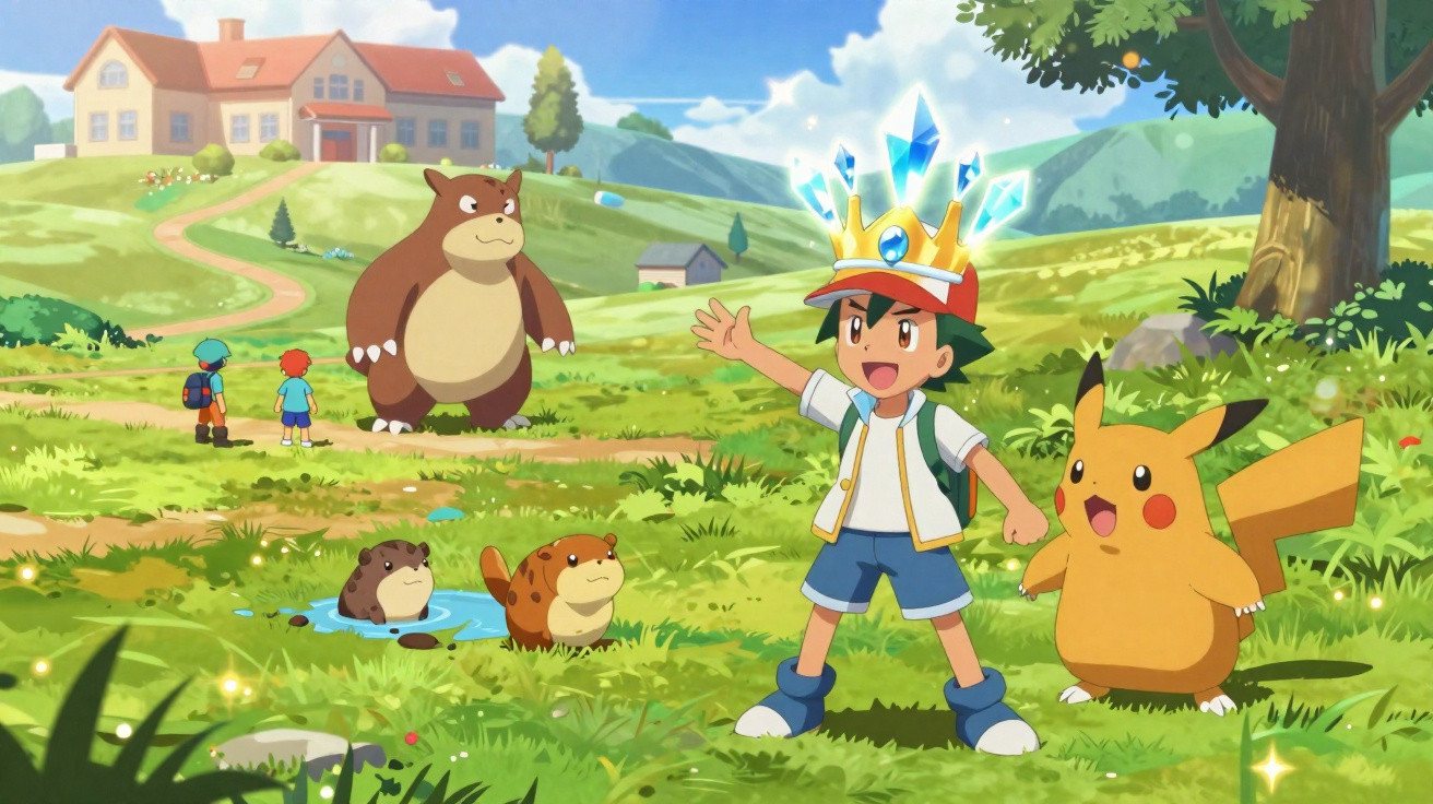Animated boy with a crystal crown and Pikachu standing in a grassy field with various Pokémon and houses in the background.