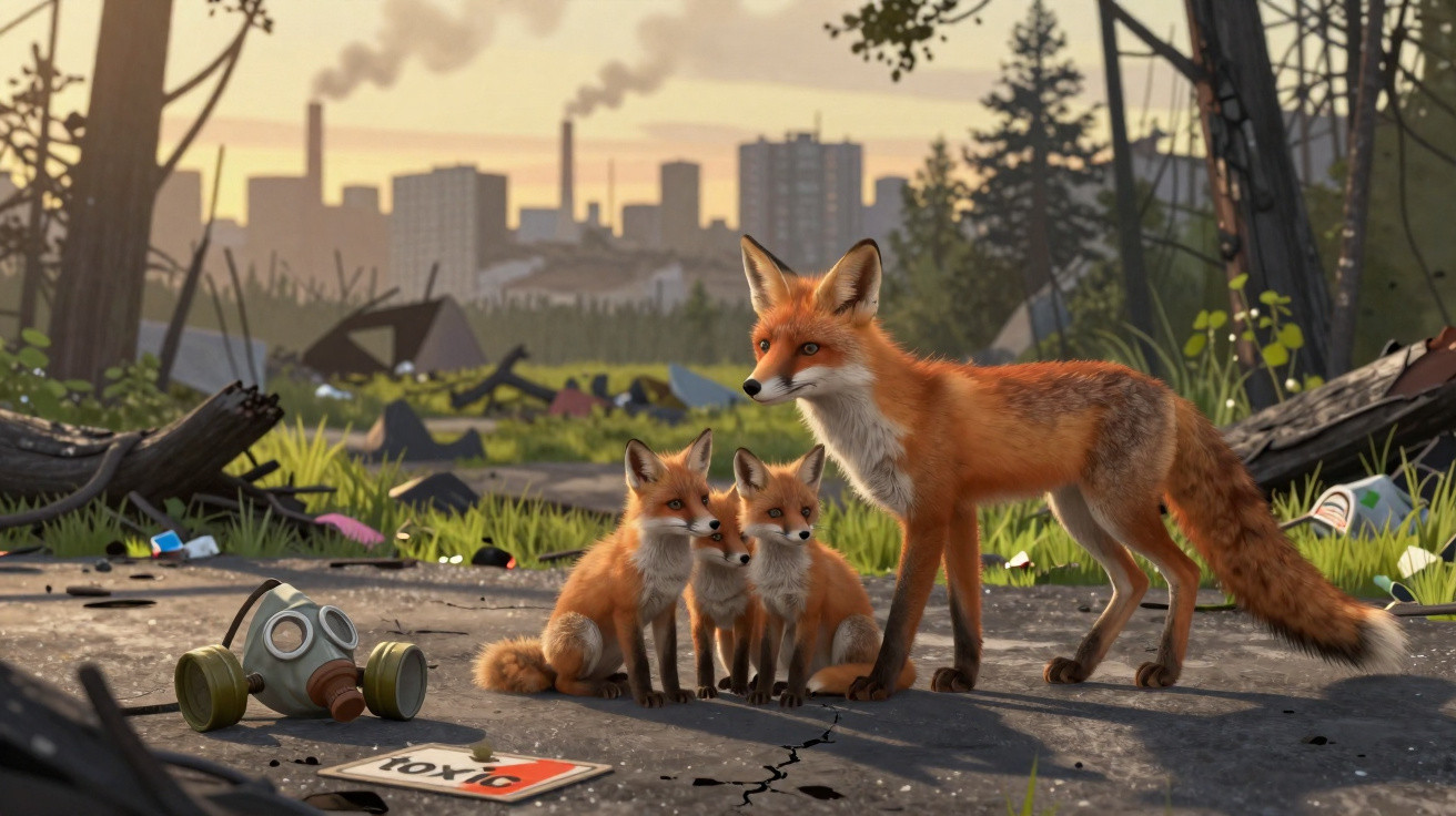 A fox family with two cubs on cracked ground near a gas mask in a polluted, industrial wasteland.