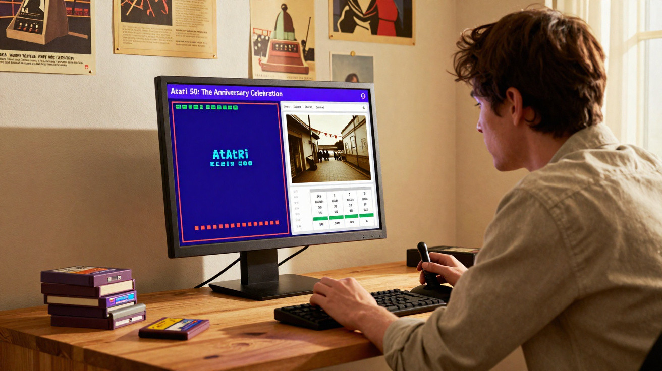 Man playing Atari 2600 game on a desktop computer with retro game cartridges stacked nearby in a room.
