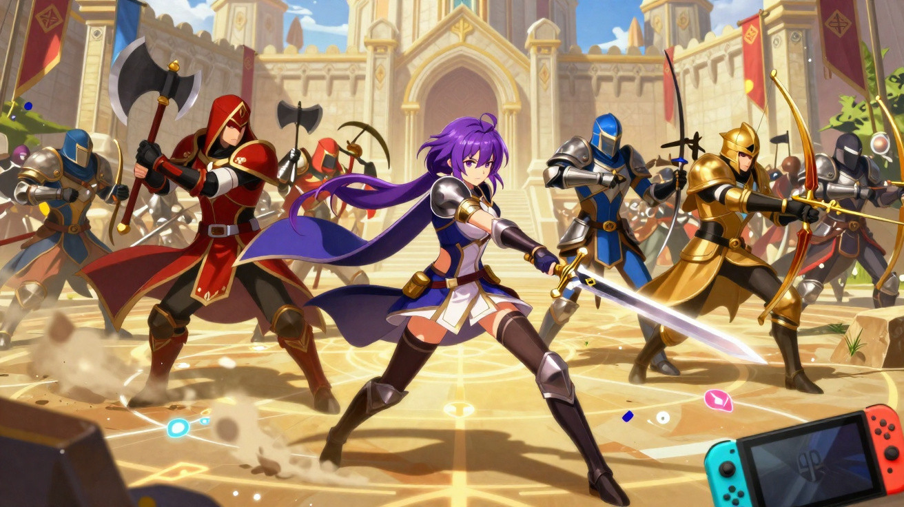 Anime-style warriors with swords, axes and bows in a castle courtyard, with a Nintendo Switch in the foreground.