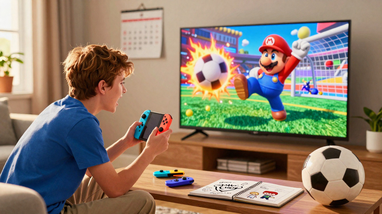 Boy playing a soccer video game with a Nintendo Switch, TV displaying Mario kicking a flaming football.