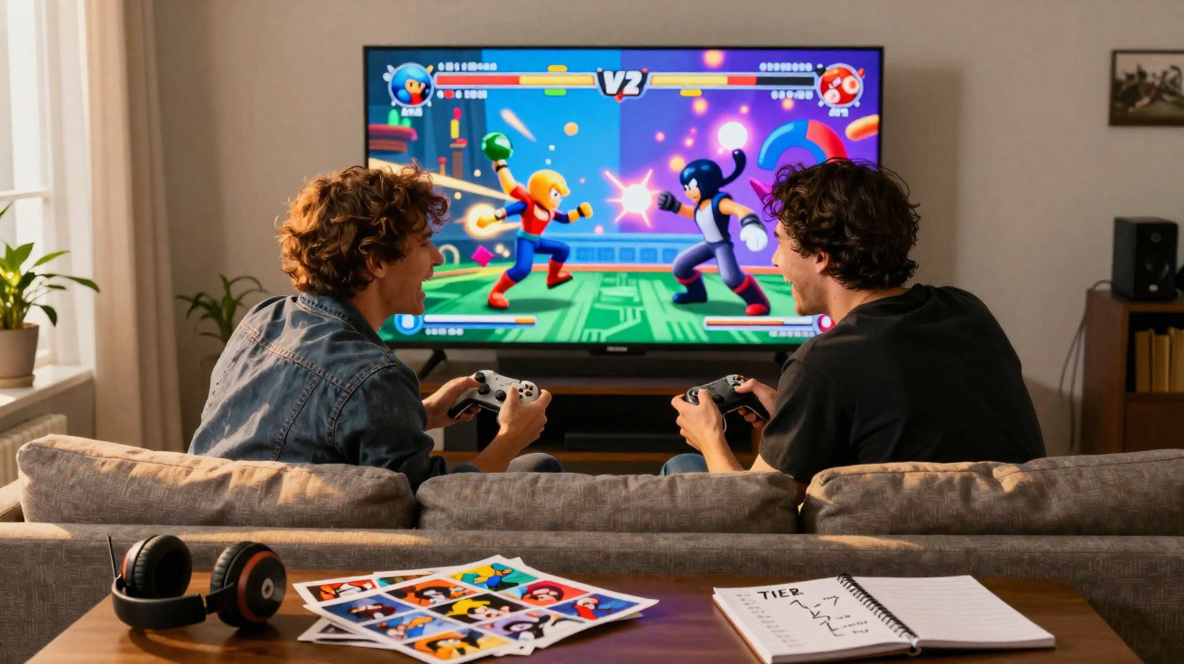 Two young men playing a colourful fighting video game together on a TV in a cosy living room.