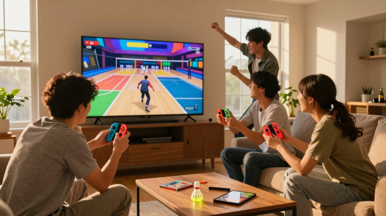 Four friends playing a colourful bowling game on a TV, holding game controllers in a cosy living room.