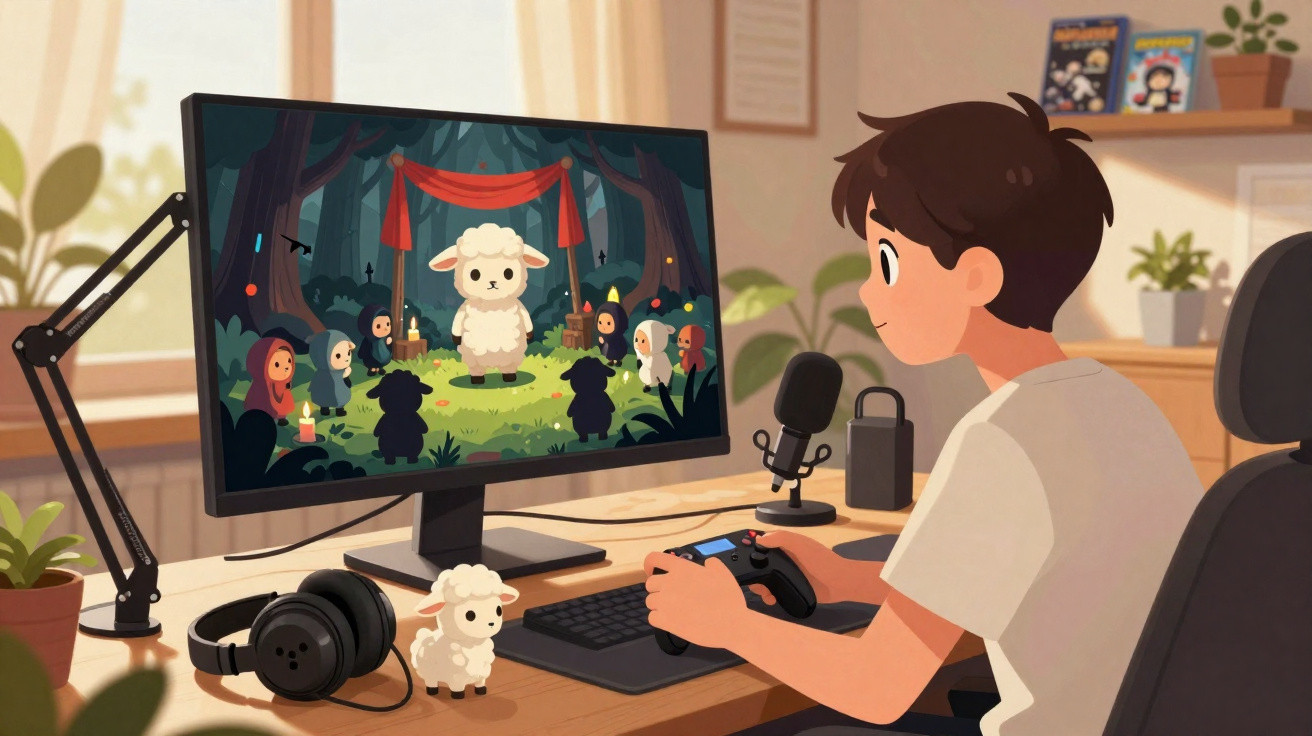 Young boy playing a cute sheep-themed video game at a desk with gaming gear and plants nearby.
