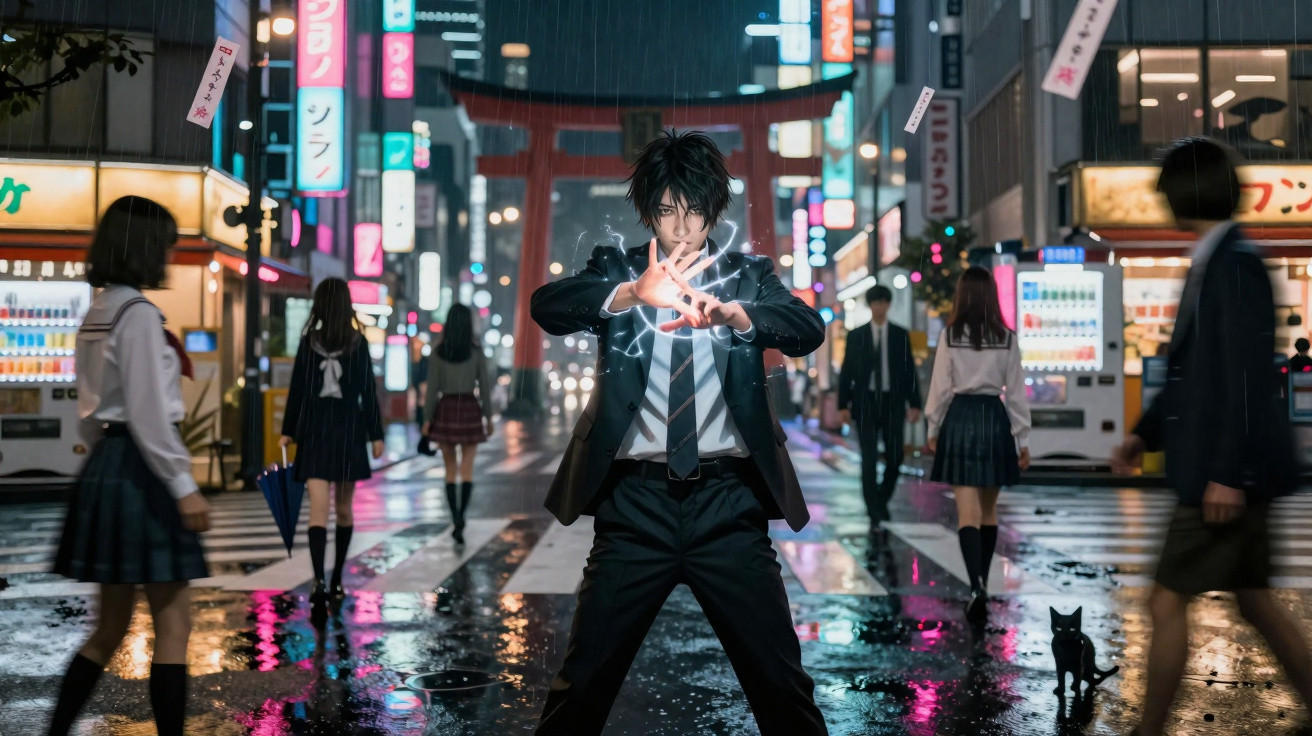 Young man in suit conjures glowing magic on a rainy city street with pedestrians and neon signs at night.