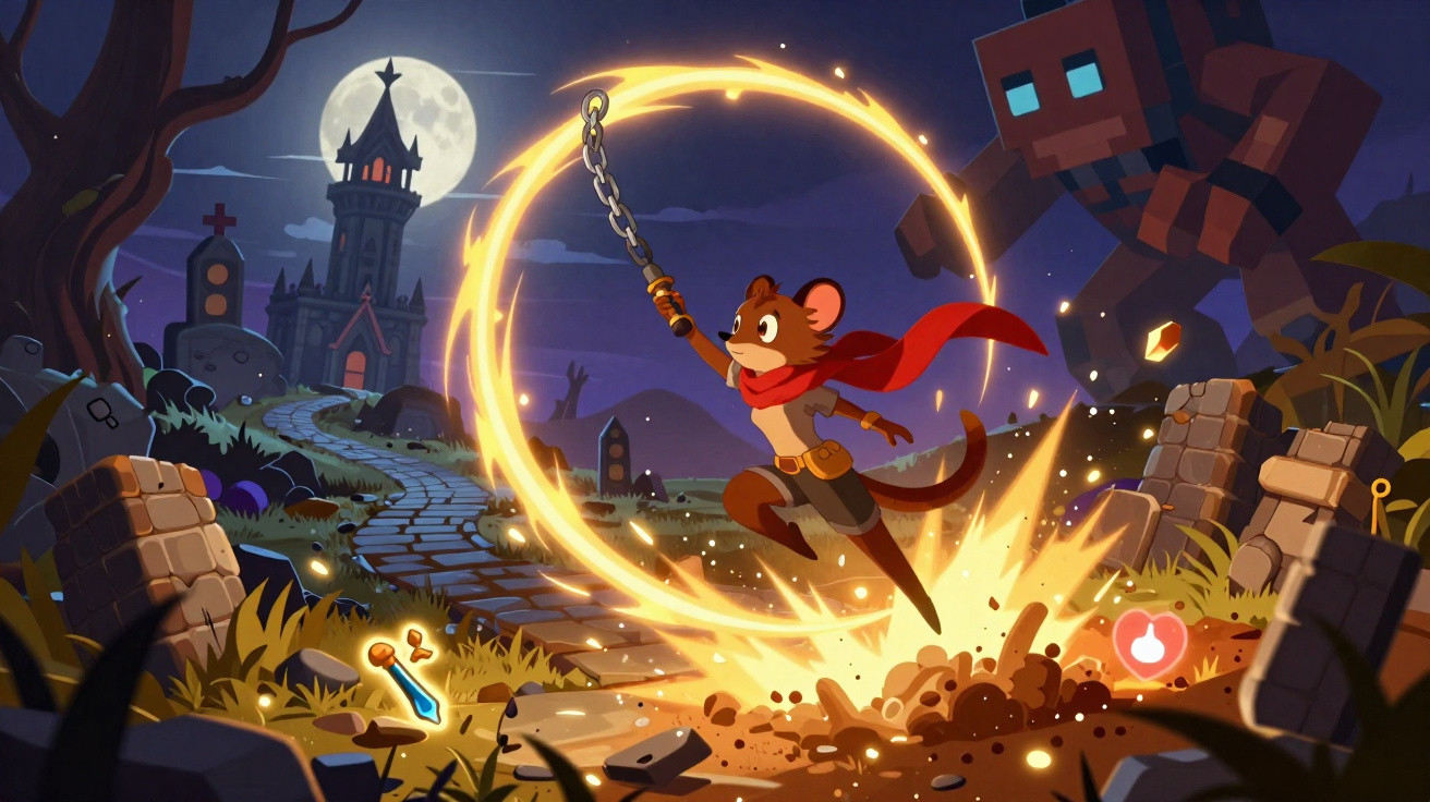 A brave mouse warrior with a red scarf swings a glowing chain weapon in a spooky graveyard under a full moon.