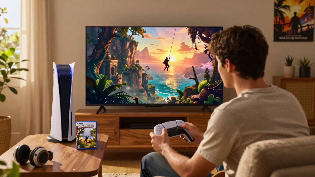 Person playing an action-adventure game on a console with TV and gaming accessories in a living room.