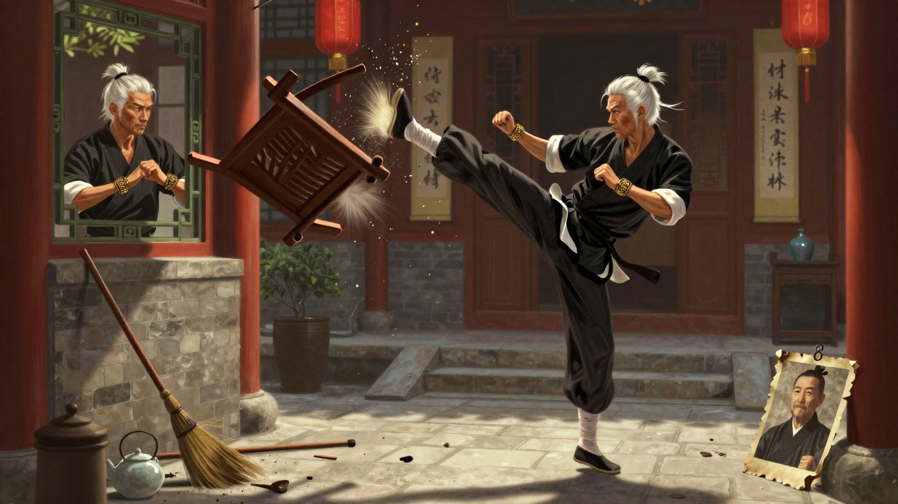 Elderly martial artist in black uniform kicks a wooden chair mid-air inside a traditional courtyard.