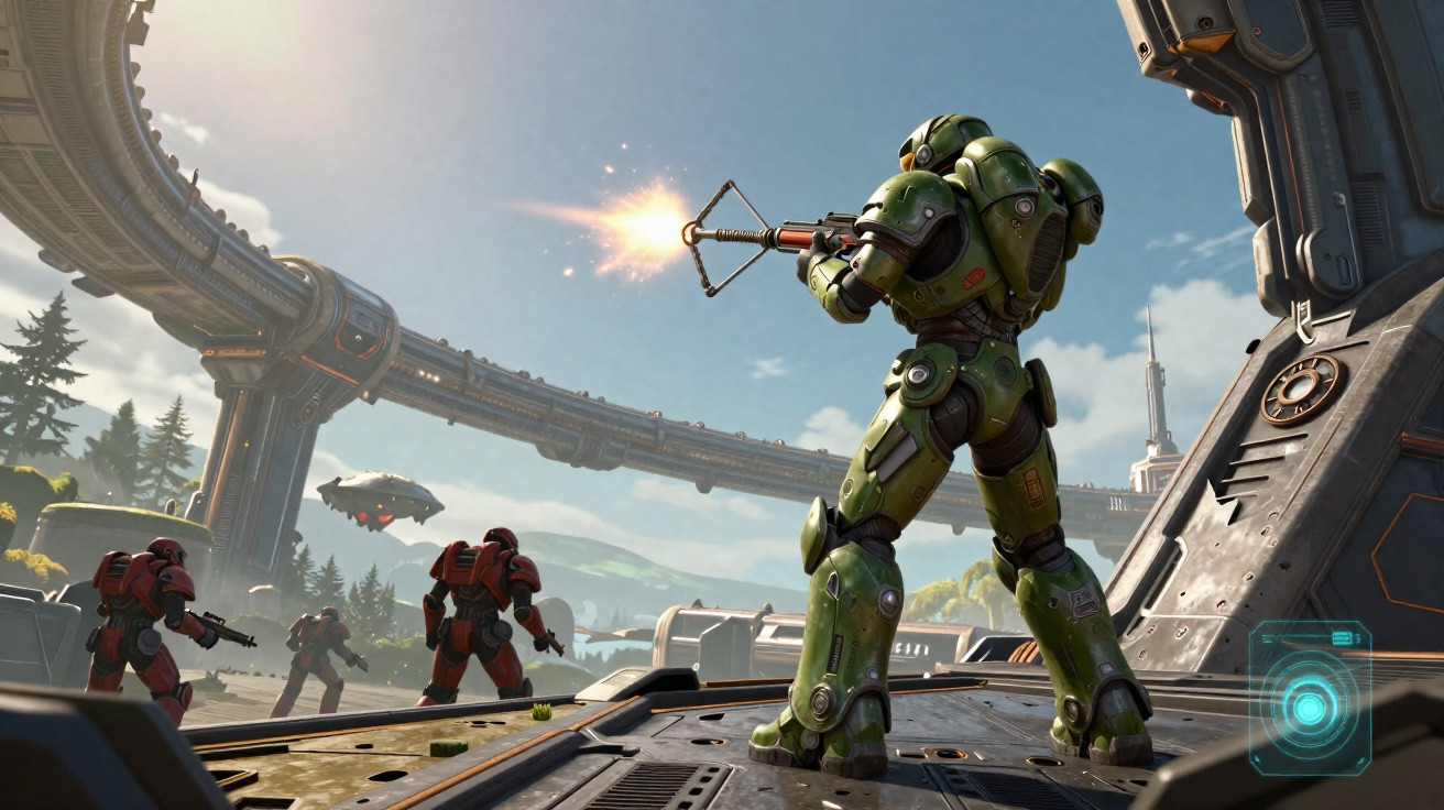 Armoured soldier in green combat suit firing weapon at enemies in red suits in a futuristic outdoor setting.