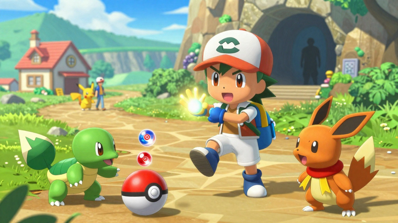 Young Pokémon trainer with glowing Poké Ball surrounded by Grookey and Eevee on a village path.