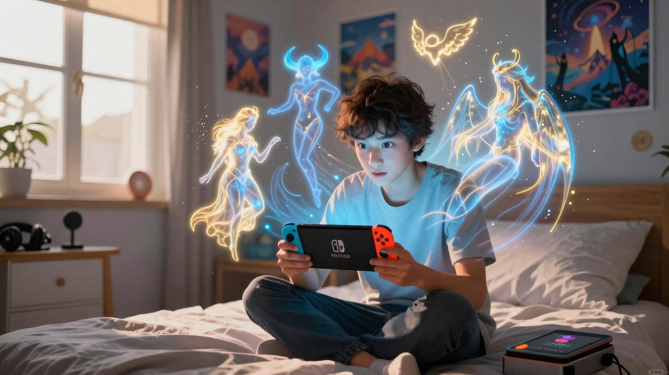 Young boy playing Nintendo Switch on bed with glowing fantasy characters floating around him in a bedroom.