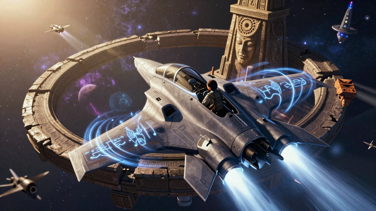 Futuristic spaceship with glowing blue symbols flying near ancient stone ring and carved face in space.