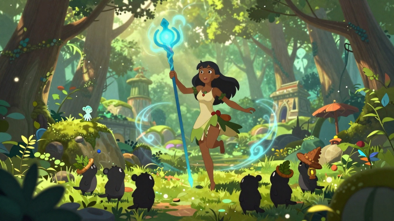 Animated forest scene with a young woman holding a glowing staff surrounded by small creatures and ruins.