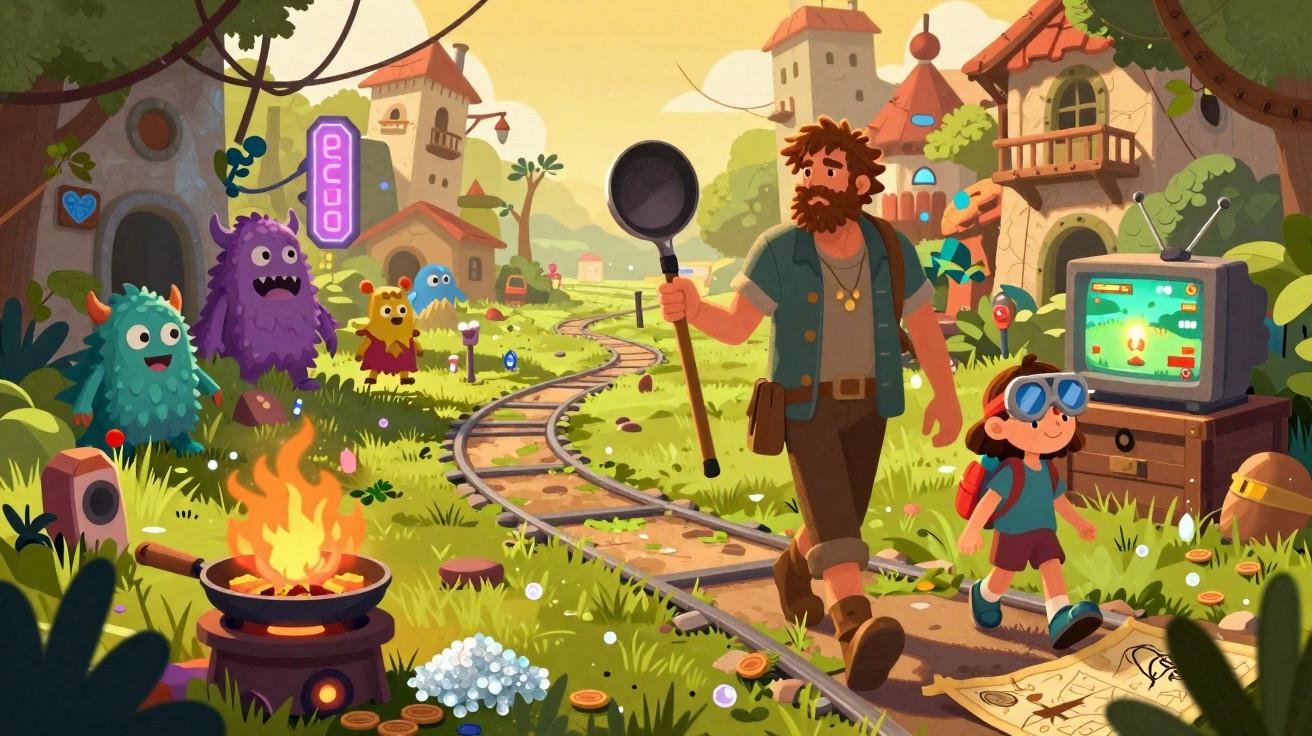 Man and child with frying pan walking along railway track past colourful monsters in fantasy village with campfire and retro 