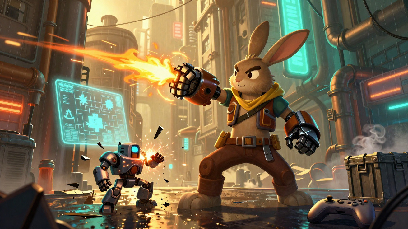 Anthropomorphic rabbit with flamethrower facing small robot in futuristic industrial cityscape.