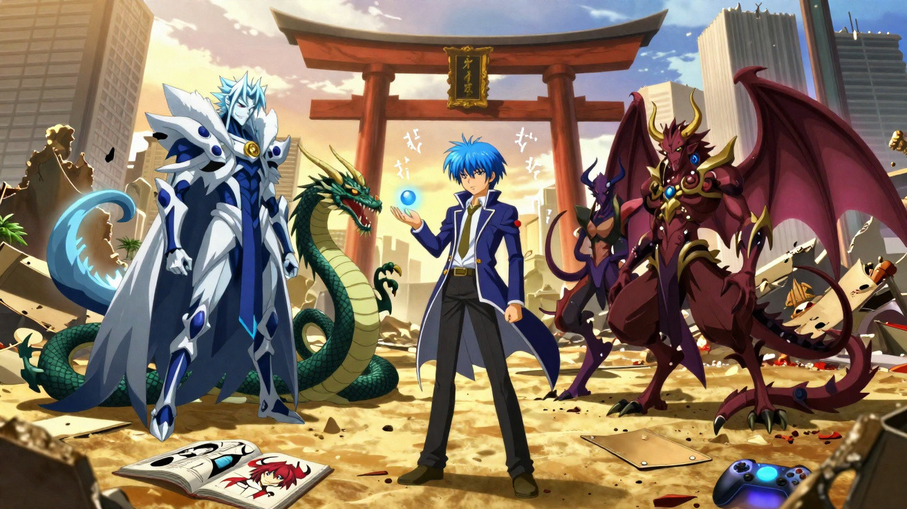 Anime scene with two humanoid characters, two dragons, a torii gate, and scattered objects in a ruined cityscape.