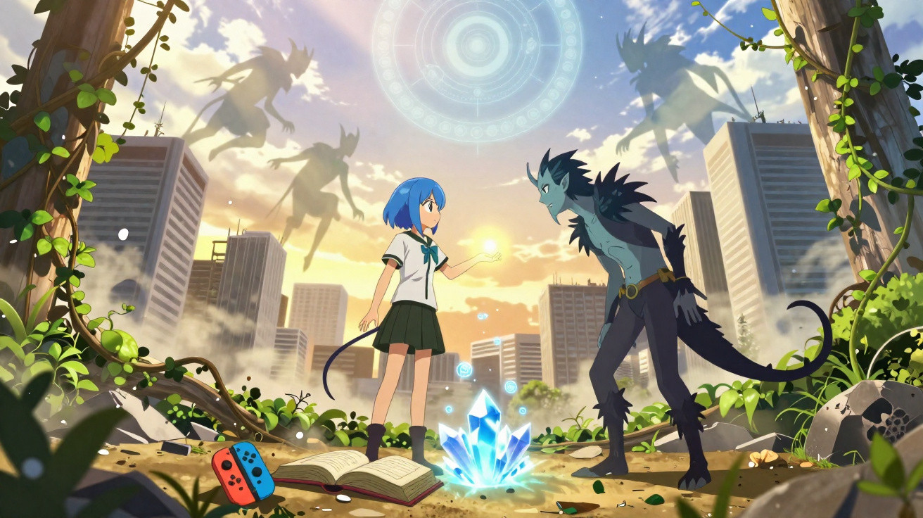 A girl with blue hair and a demon-like creature face each other in a ruined city with glowing crystals and floating shadows.